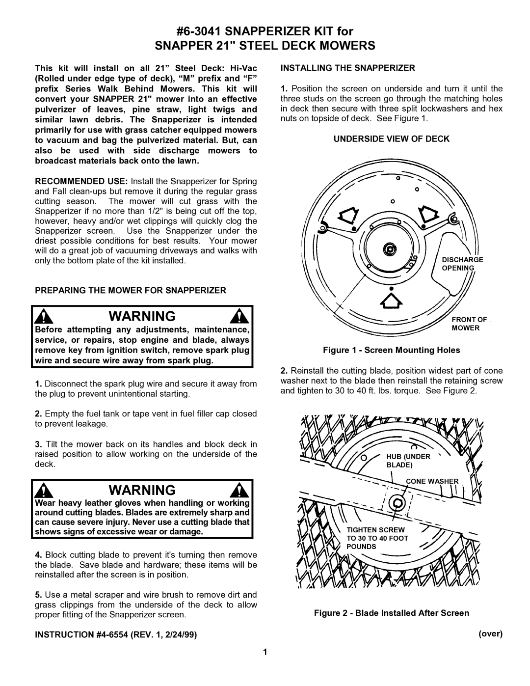 Snapper 6-3041 manual Snapper 21 Steel Deck Mowers, Preparing the Mower for Snapperizer, Installing the Snapperizer 