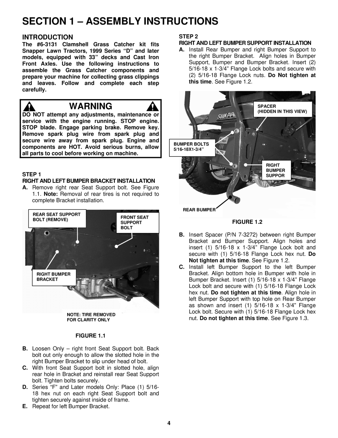 Snapper 6-3131 manual Assembly Instructions, Step Right and Left Bumper Bracket Installation 