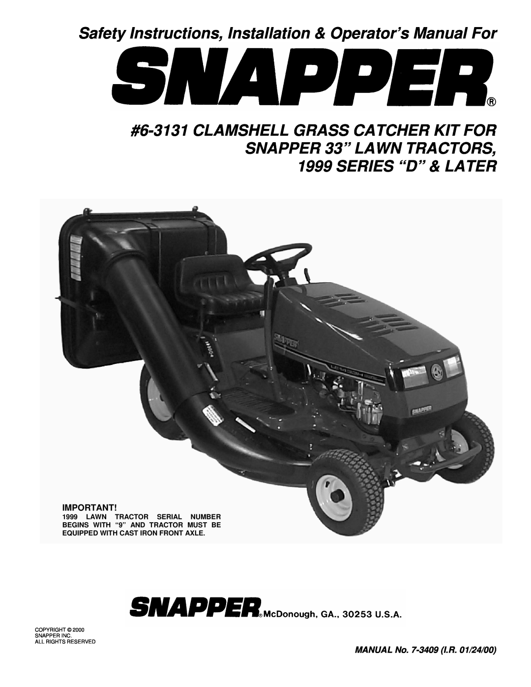 Snapper 6-3131 manual Safety Instructions, Installation & Operator’s Manual For, MANUAL No. 7-3409 I.R. 01/24/00 