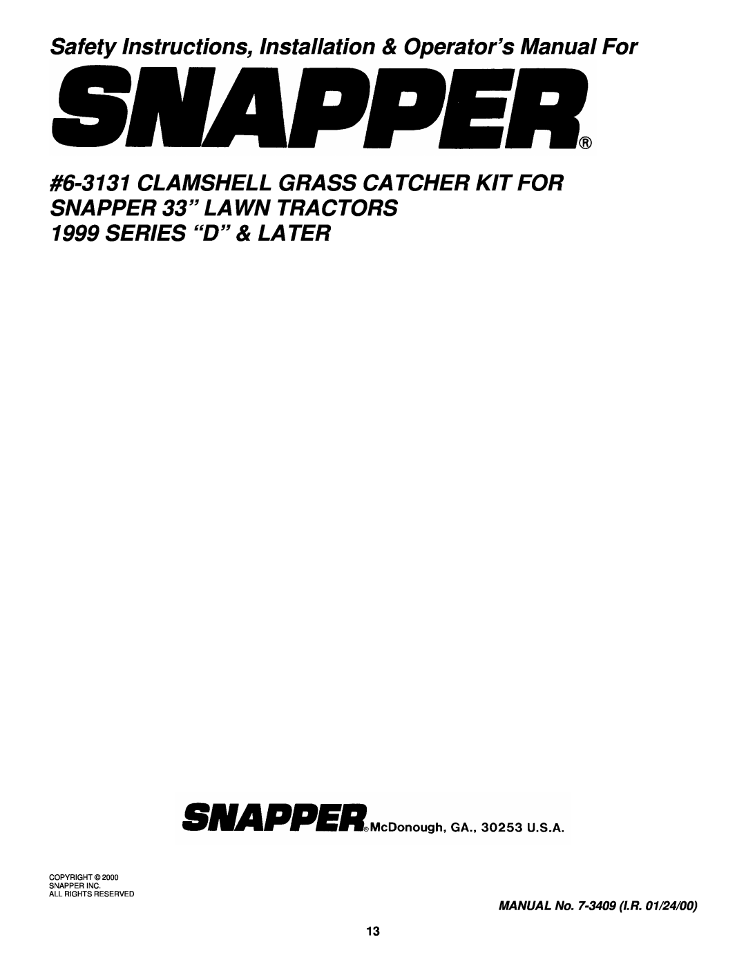 Snapper manual #6-3131 CLAMSHELL GRASS CATCHER KIT FOR SNAPPER 33” LAWN TRACTORS, Series “D” & Later 