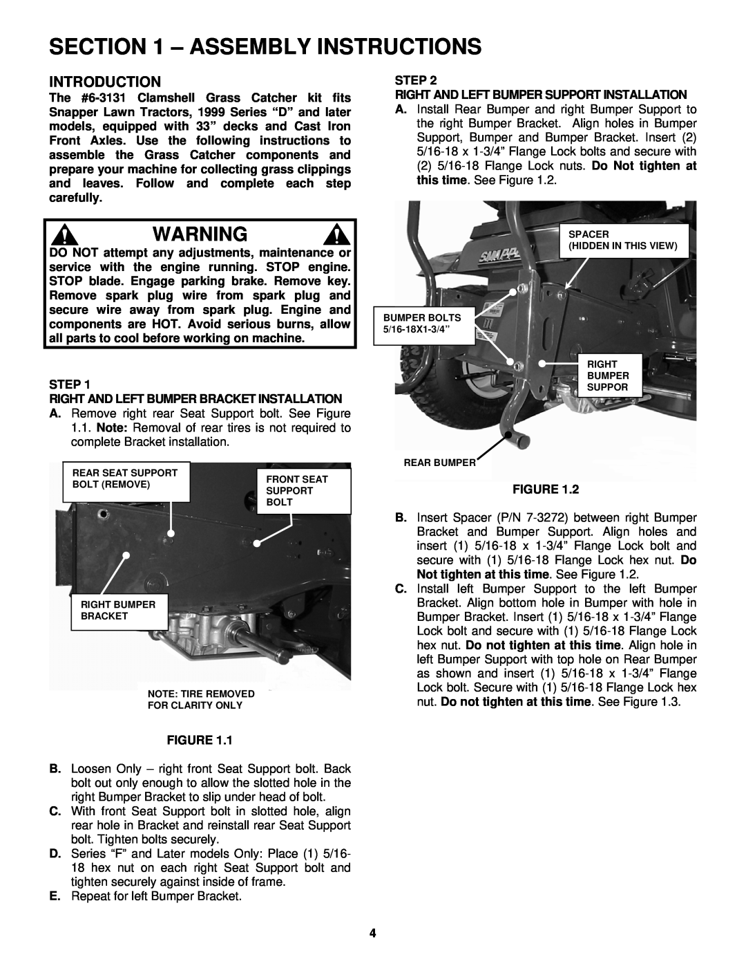 Snapper 6-3131 manual Assembly Instructions, Introduction, Step Right And Left Bumper Bracket Installation 