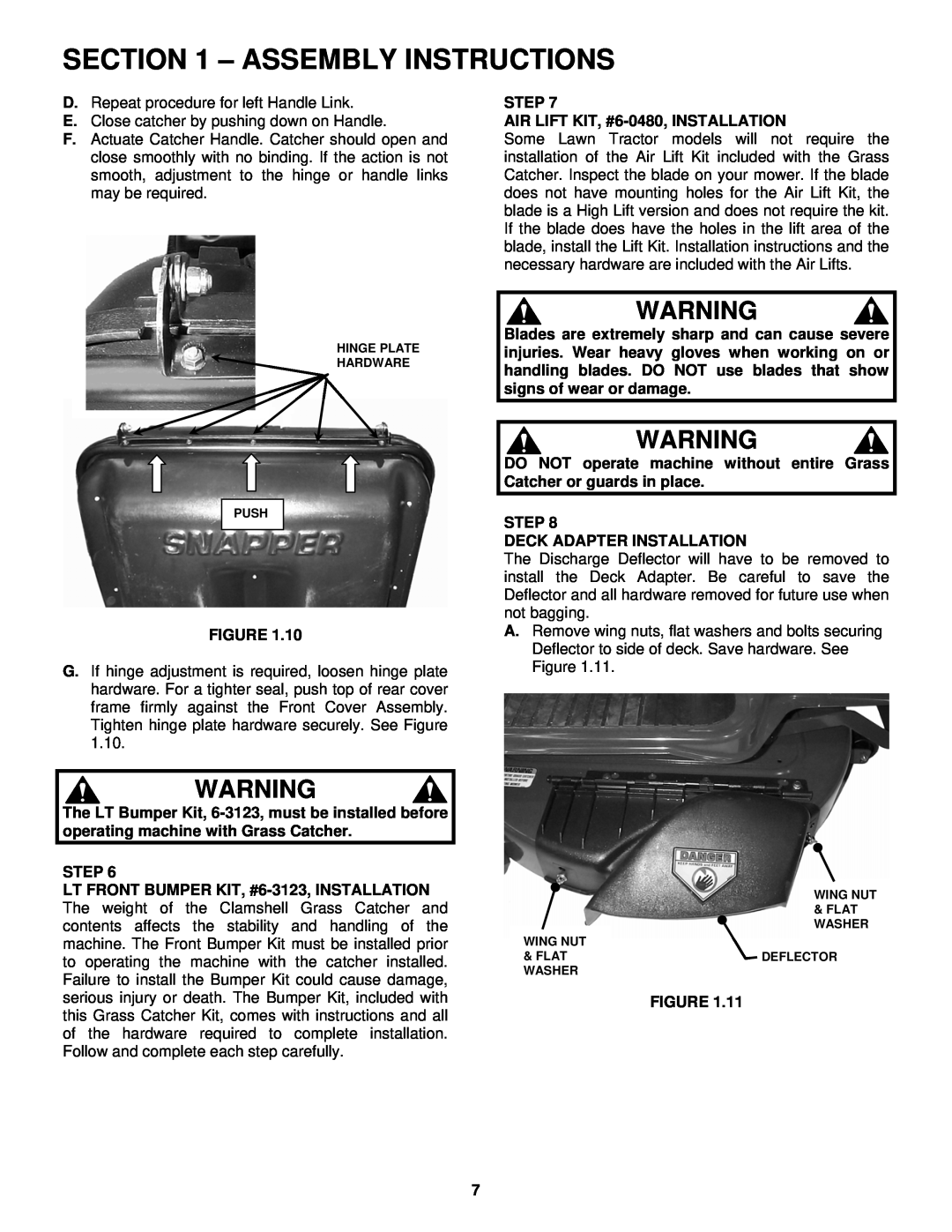 Snapper 6-3131 manual STEP AIR LIFT KIT, #6-0480, INSTALLATION, Step Deck Adapter Installation, Assembly Instructions 