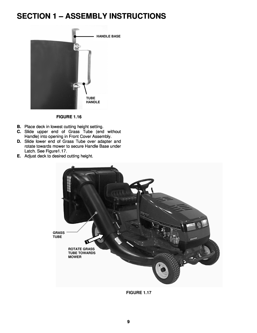 Snapper 6-3131 manual Assembly Instructions, B. Place deck in lowest cutting height setting, Handle Base Tube Handle 