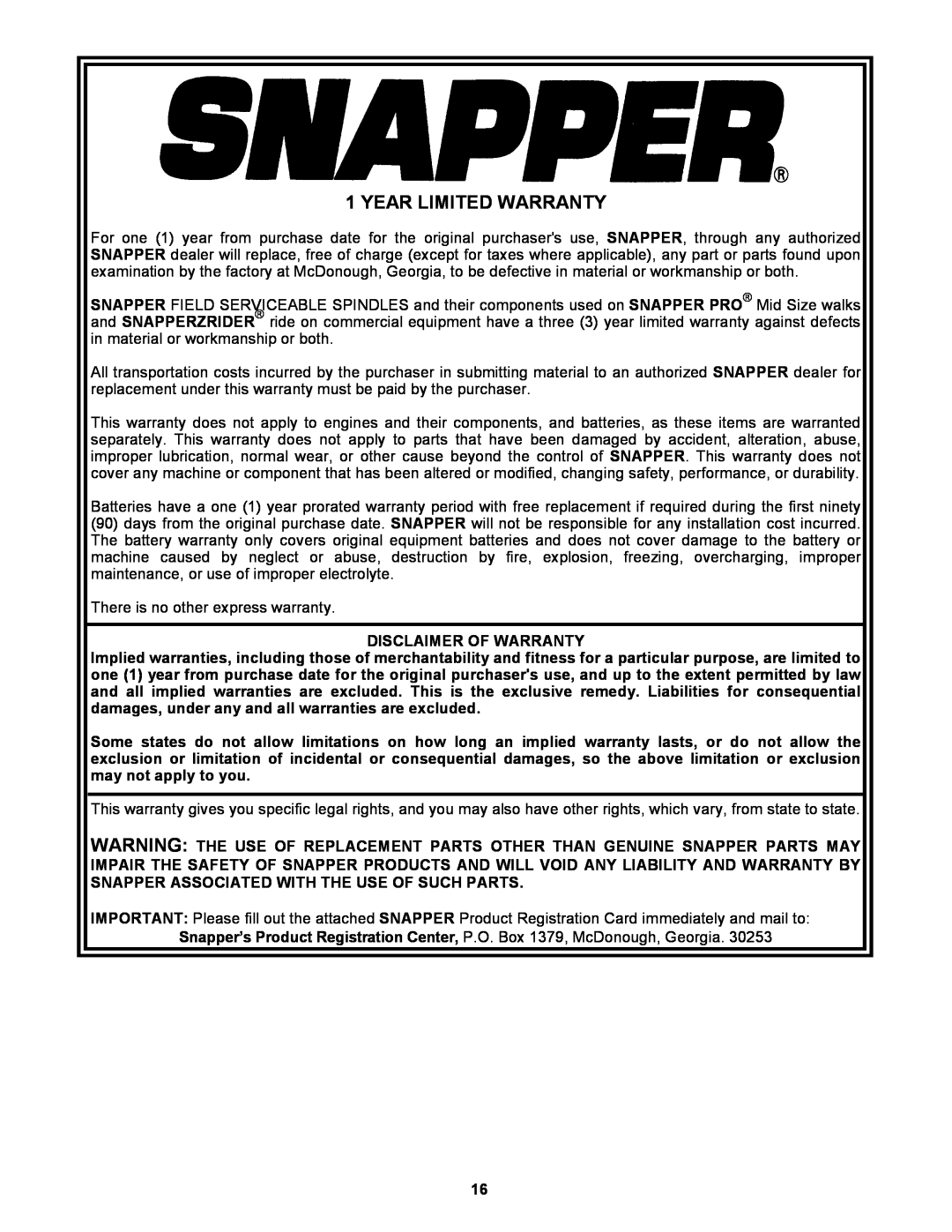 Snapper 6-3162, 7-3571 manual Year Limited Warranty 