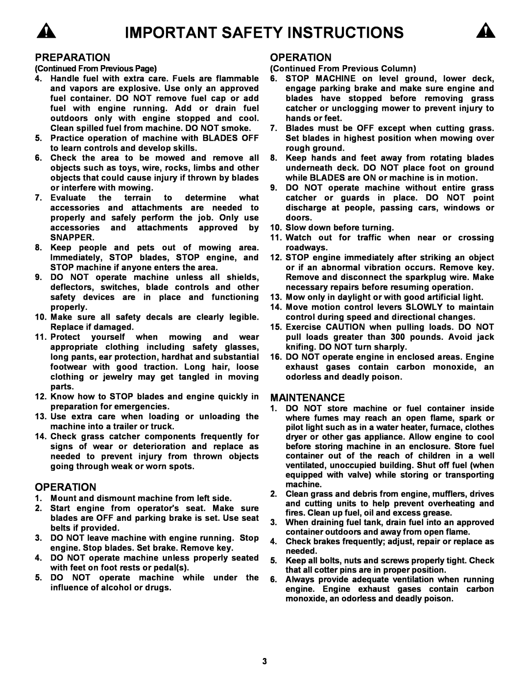 Snapper 7-3571, 6-3162 manual Operation, Maintenance, Important Safety Instructions, Preparation 