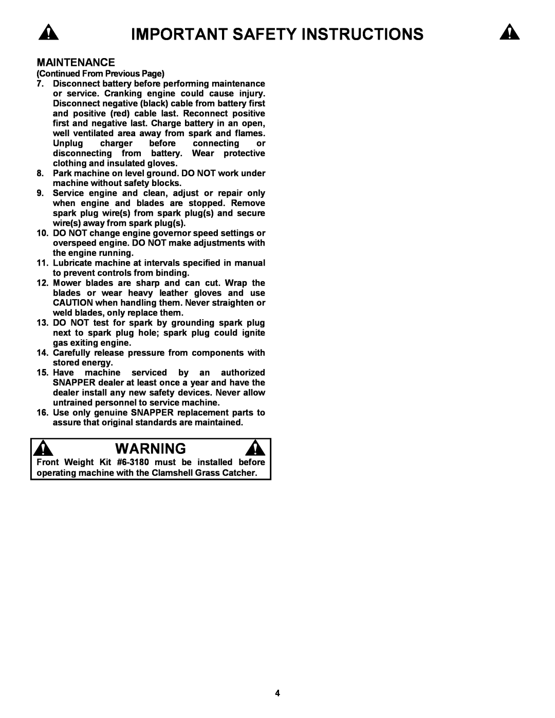Snapper 6-3162, 7-3571 manual Important Safety Instructions, Maintenance, Continued From Previous Page 