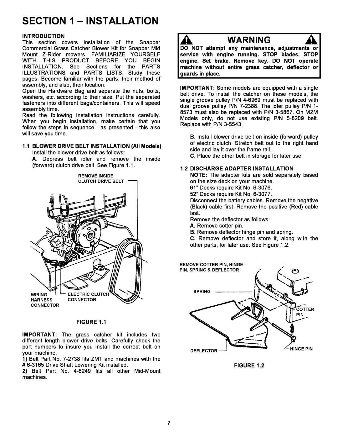 Snapper 7-3571, 6-3162 manual Installation, Introduction, 1.2DISCHARGE ADAPTER INSTALLATION 