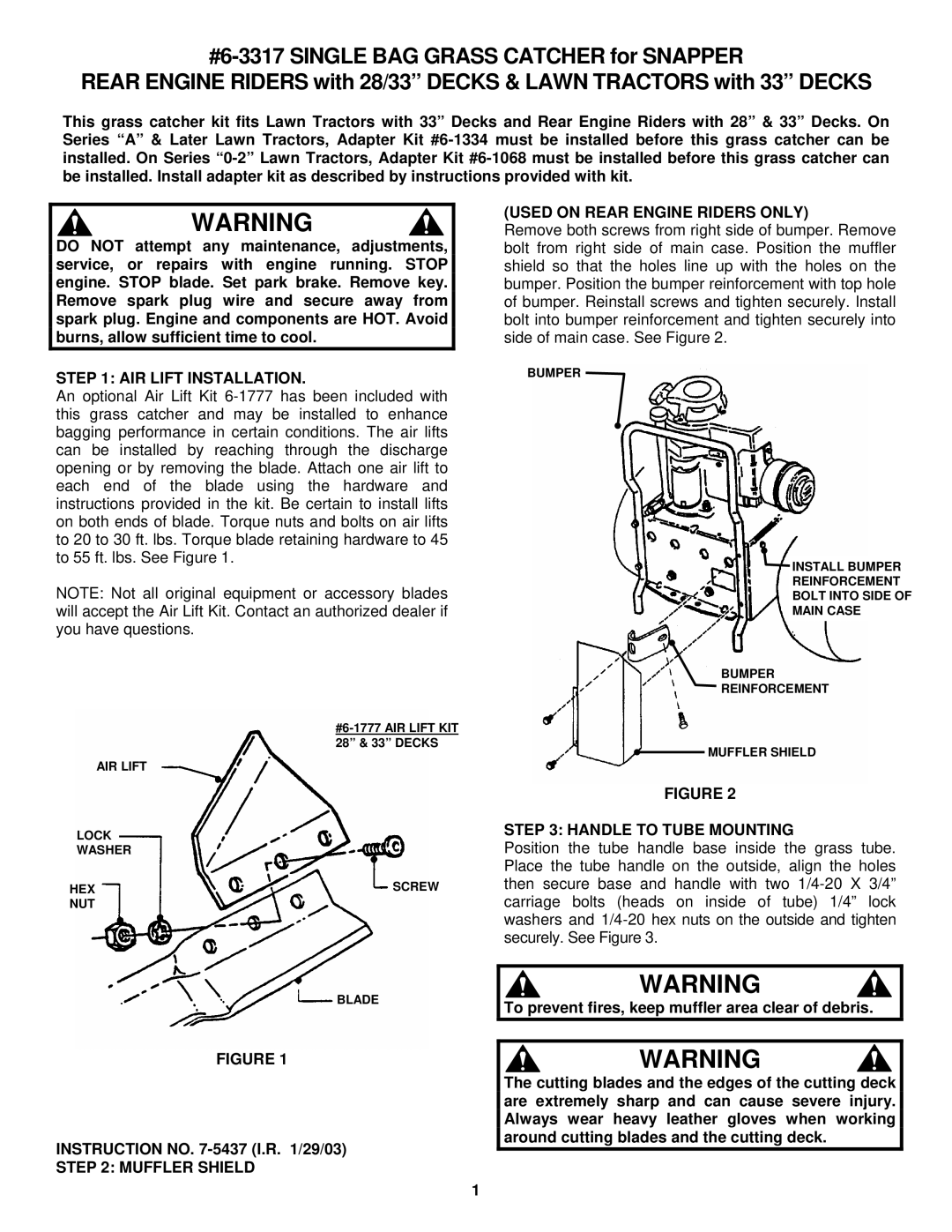 Snapper 6-3317 manual AIR Lift Installation, Muffler Shield Used on Rear Engine Riders only, Handle to Tube Mounting 