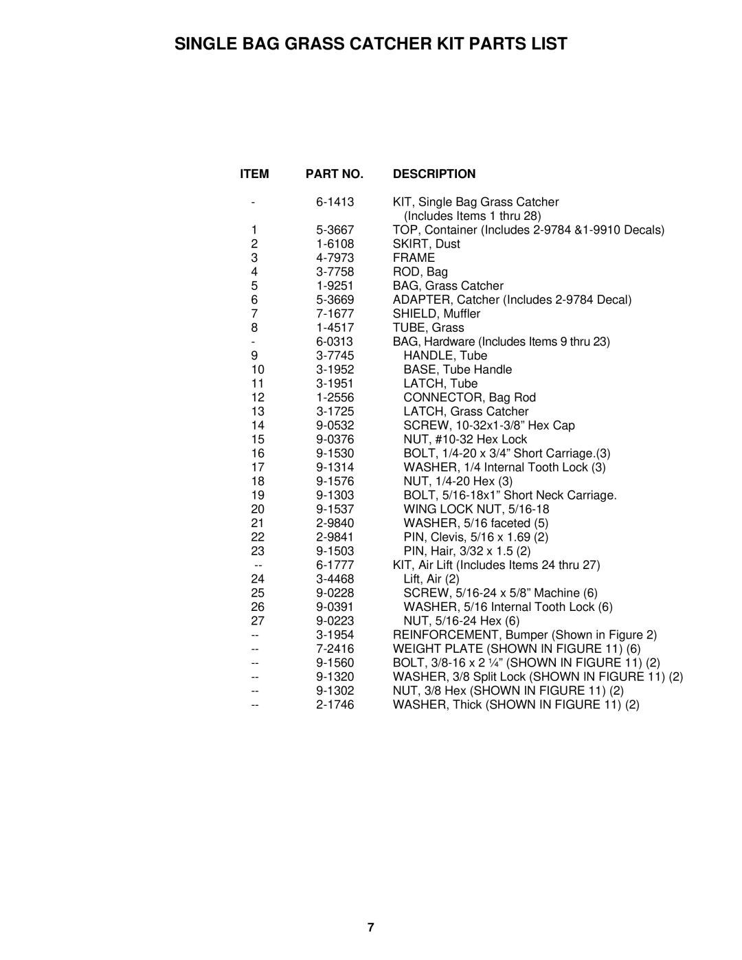 Snapper 6-3317 manual Single BAG Grass Catcher KIT Parts List, Description 