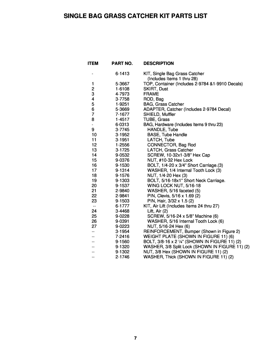 Snapper 6-3317 manual Single Bag Grass Catcher Kit Parts List, Description 