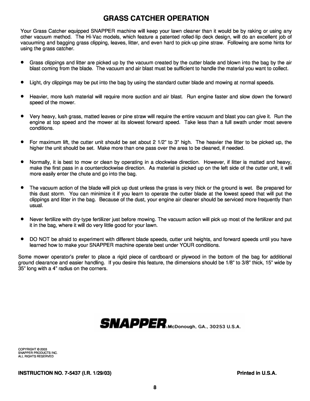 Snapper 6-3317 manual Grass Catcher Operation, INSTRUCTION NO. 7-5437I.R. 1/29/03 