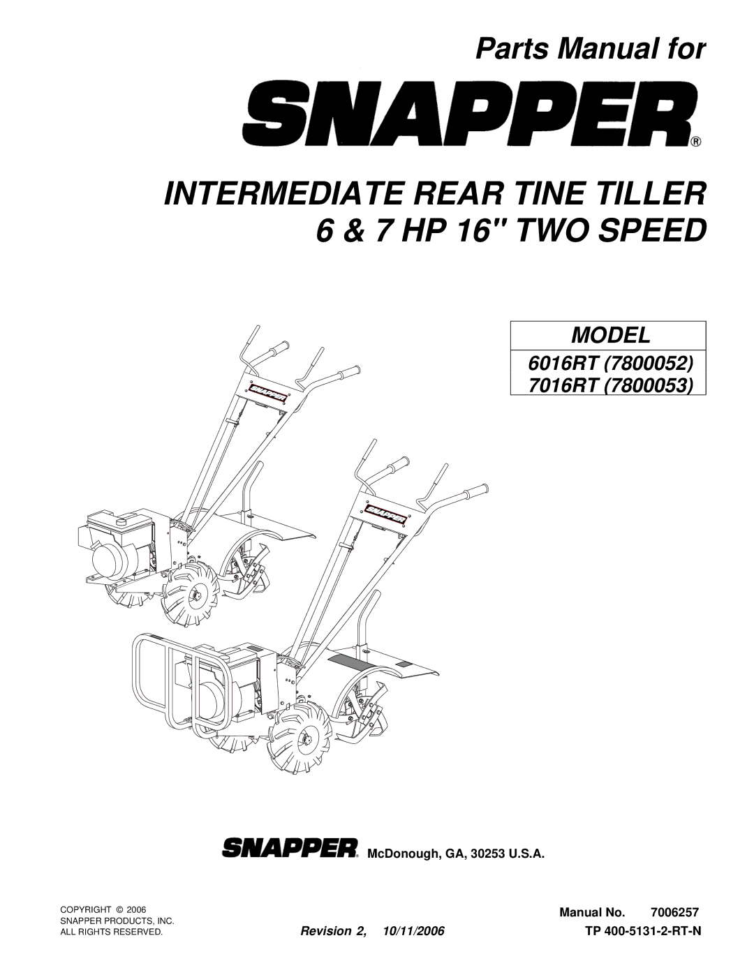 Snapper 7016RT, 6016RT manual Intermediate Rear Tine Tiller 6 & 7 HP 16 TWO Speed 