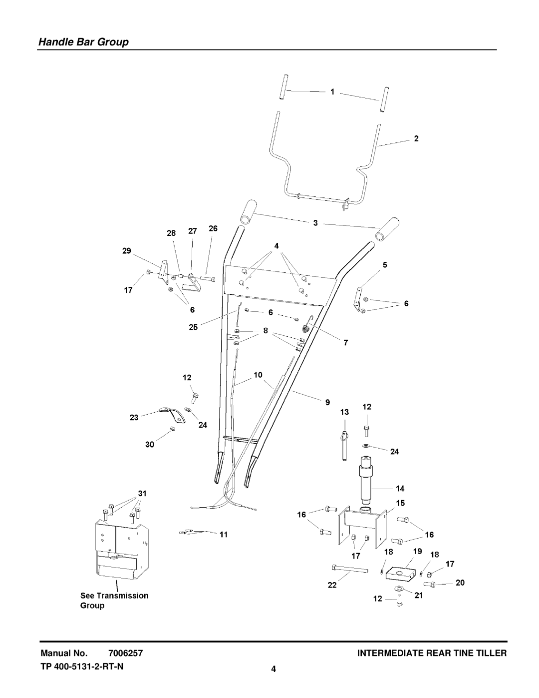 Snapper 6016RT, 7016RT manual Handle Bar Group 