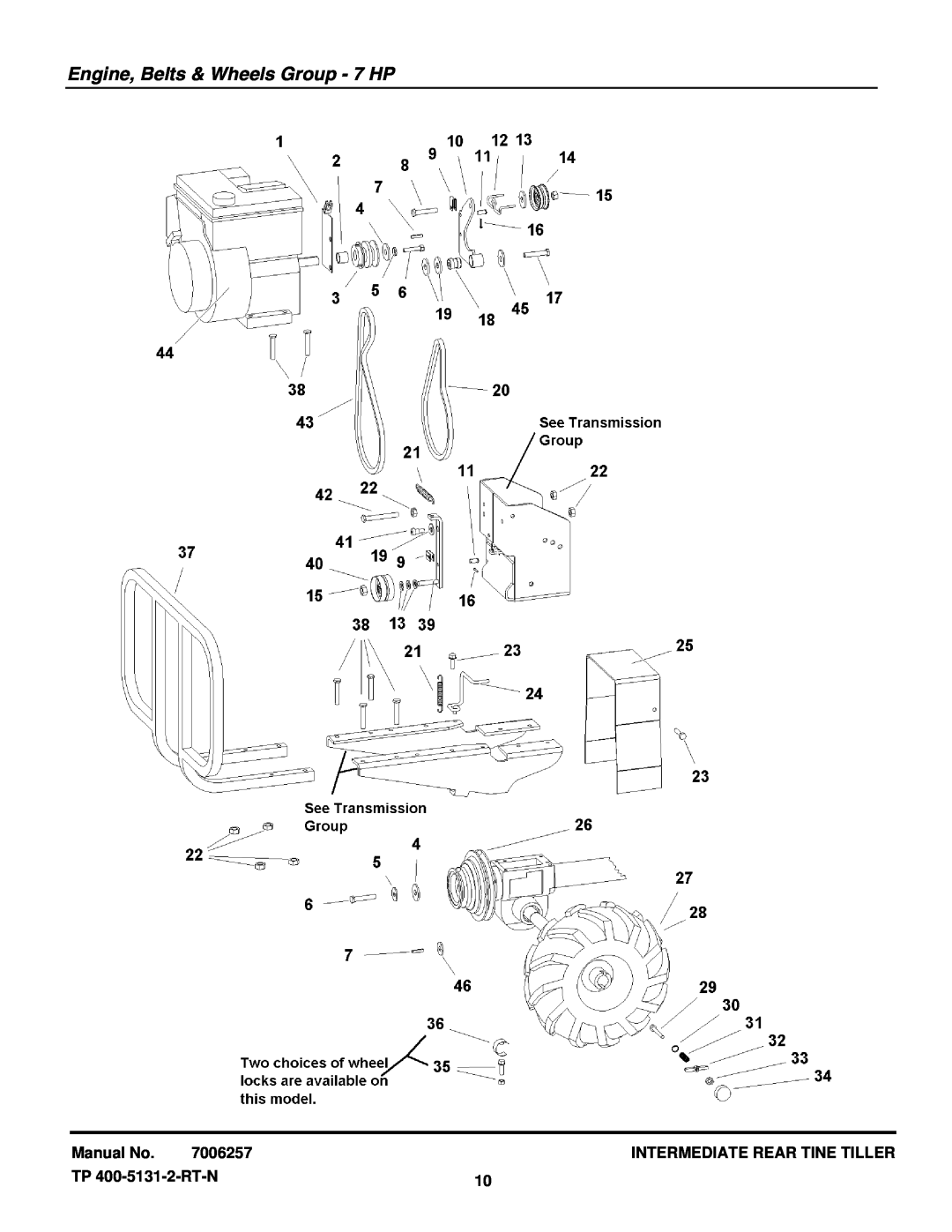 Snapper 6016RT Engine, Belts & Wheels Group - 7 HP, Manual No, 7006257, Intermediate Rear Tine Tiller, TP 400-5131-2-RT-N 