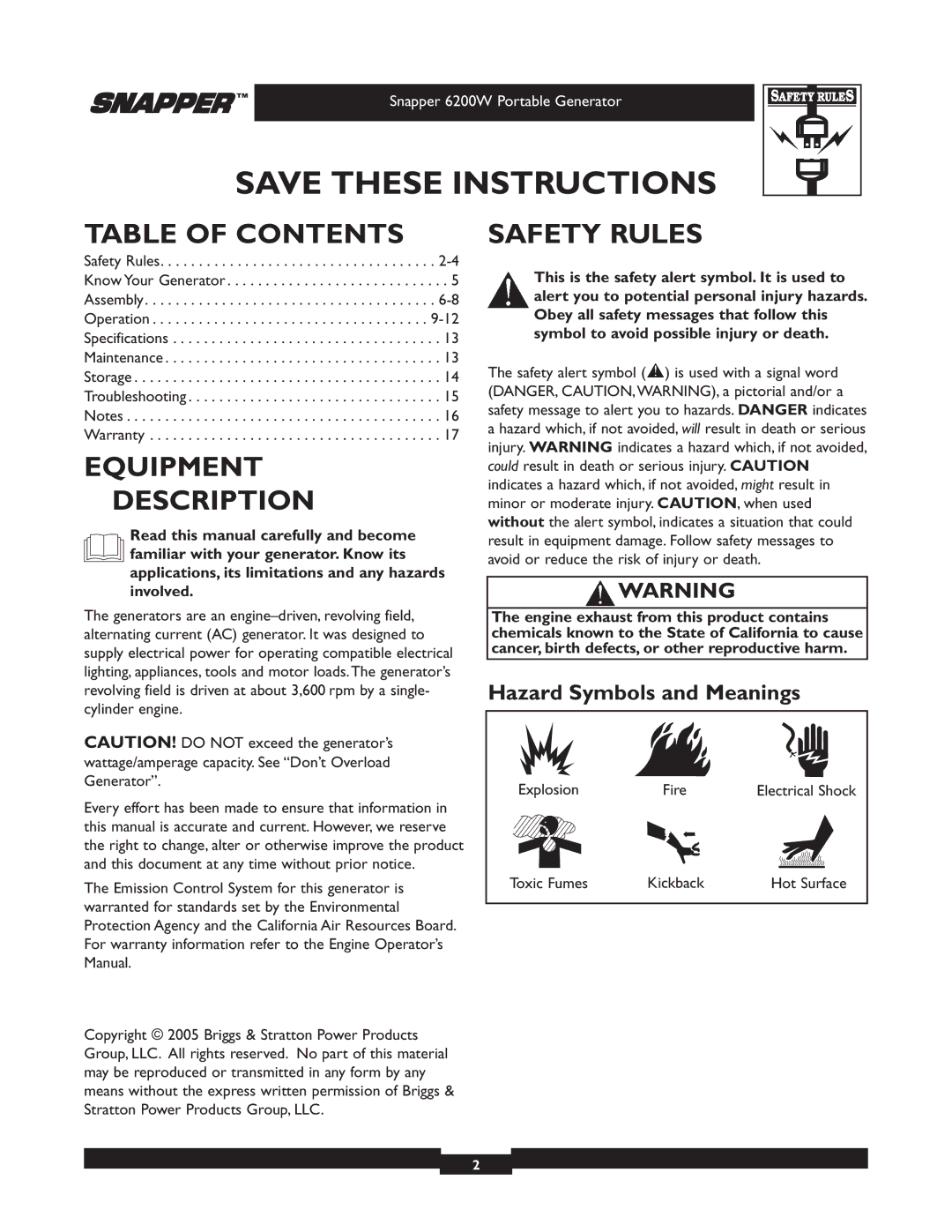 Snapper 6200 manual Table of Contents, Equipment Description, Safety Rules 