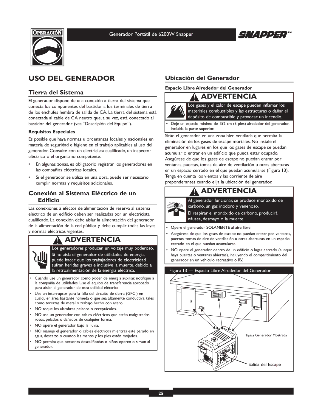 Snapper 6200 USO DEL Generador, Tierra del Sistema, Ubicación del Generador, Conexión al Sistema Eléctrico de un Edificio 