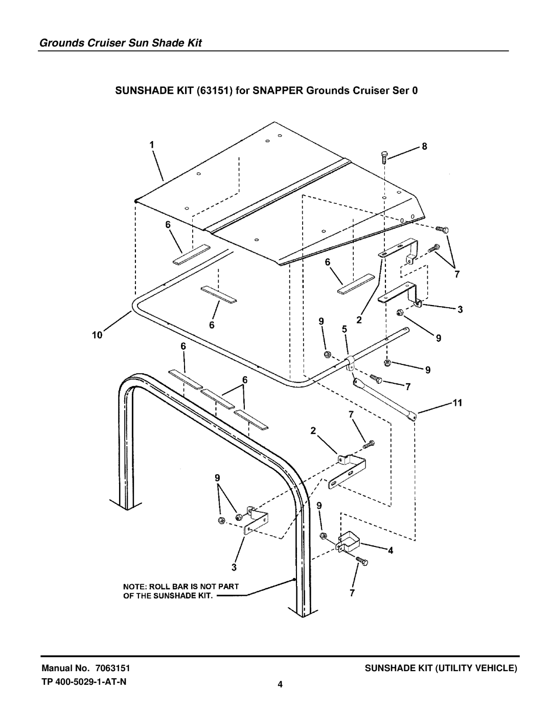 Snapper 7063151 manual Grounds Cruiser Sun Shade Kit 