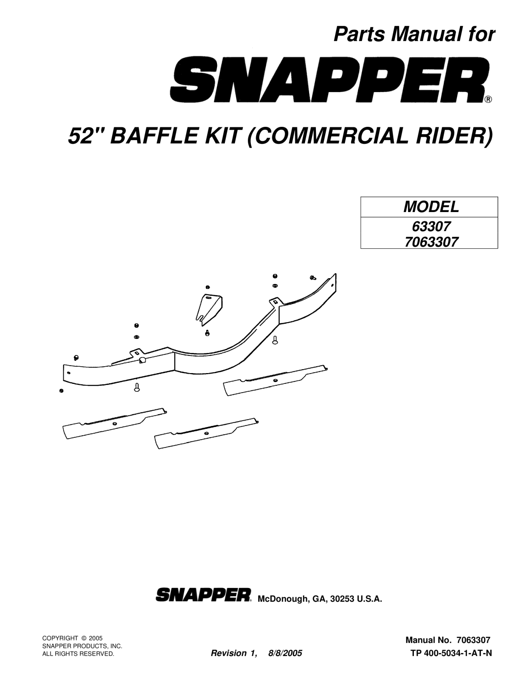 Snapper 7063307 manual Baffle KIT Commercial Rider 