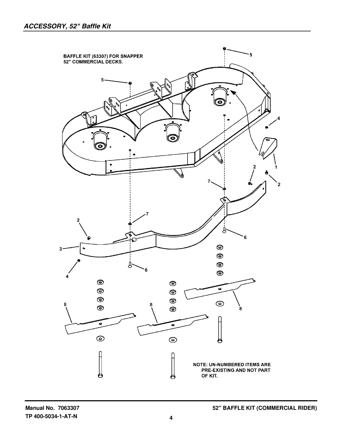 Snapper 7063307 manual ACCESSORY, 52 Baffle Kit 