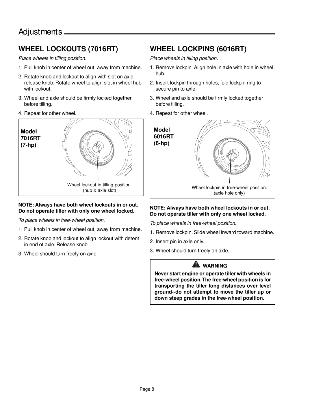 Snapper 6HP, 7HP manual Adjustments, Wheel Lockouts 7016RT, Wheel Lockpins 6016RT 
