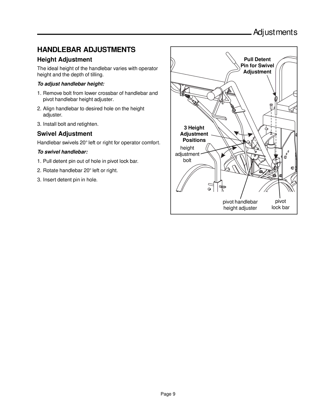 Snapper 6HP, 7HP manual Handlebar Adjustments, Height Adjustment, Swivel Adjustment 