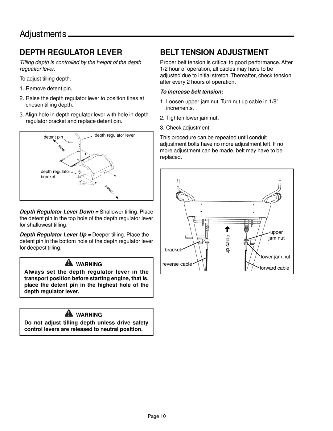 Snapper 6HP, 7HP manual Depth Regulator Lever, Belt Tension Adjustment 