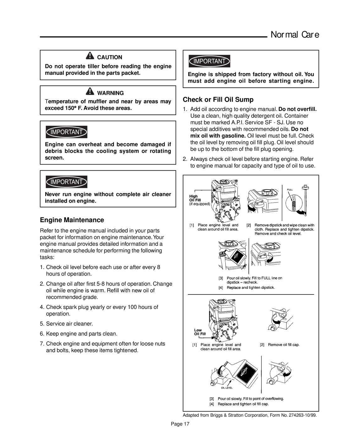 Snapper 6HP, 7HP manual Engine Maintenance, Check or Fill Oil Sump 