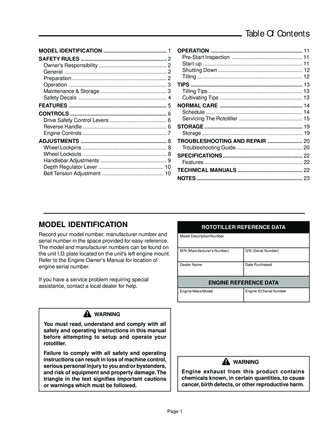 Snapper 6HP, 7HP manual Table Of Contents 