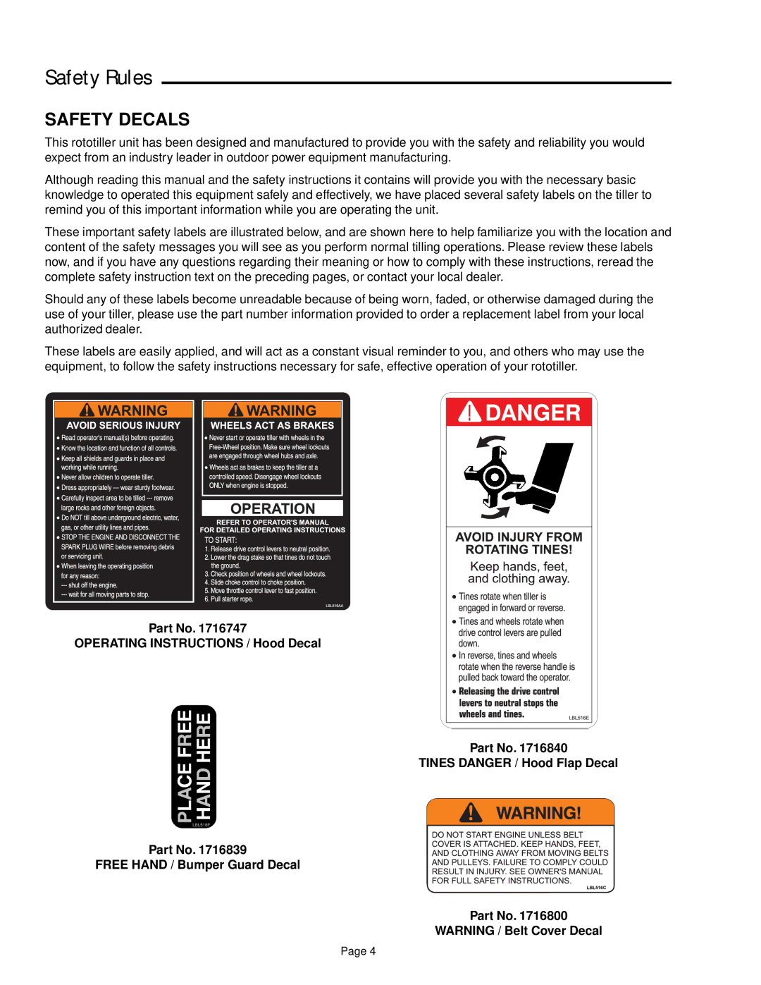 Snapper 6HP, 7HP manual Safety Decals 