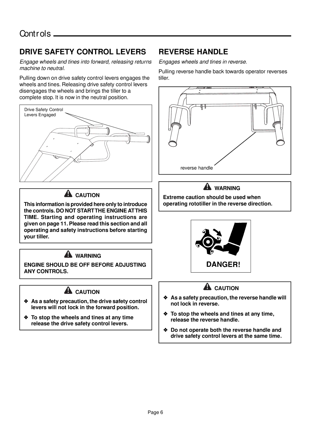 Snapper 6HP, 7HP manual Controls, Drive Safety Control Levers, Reverse Handle 