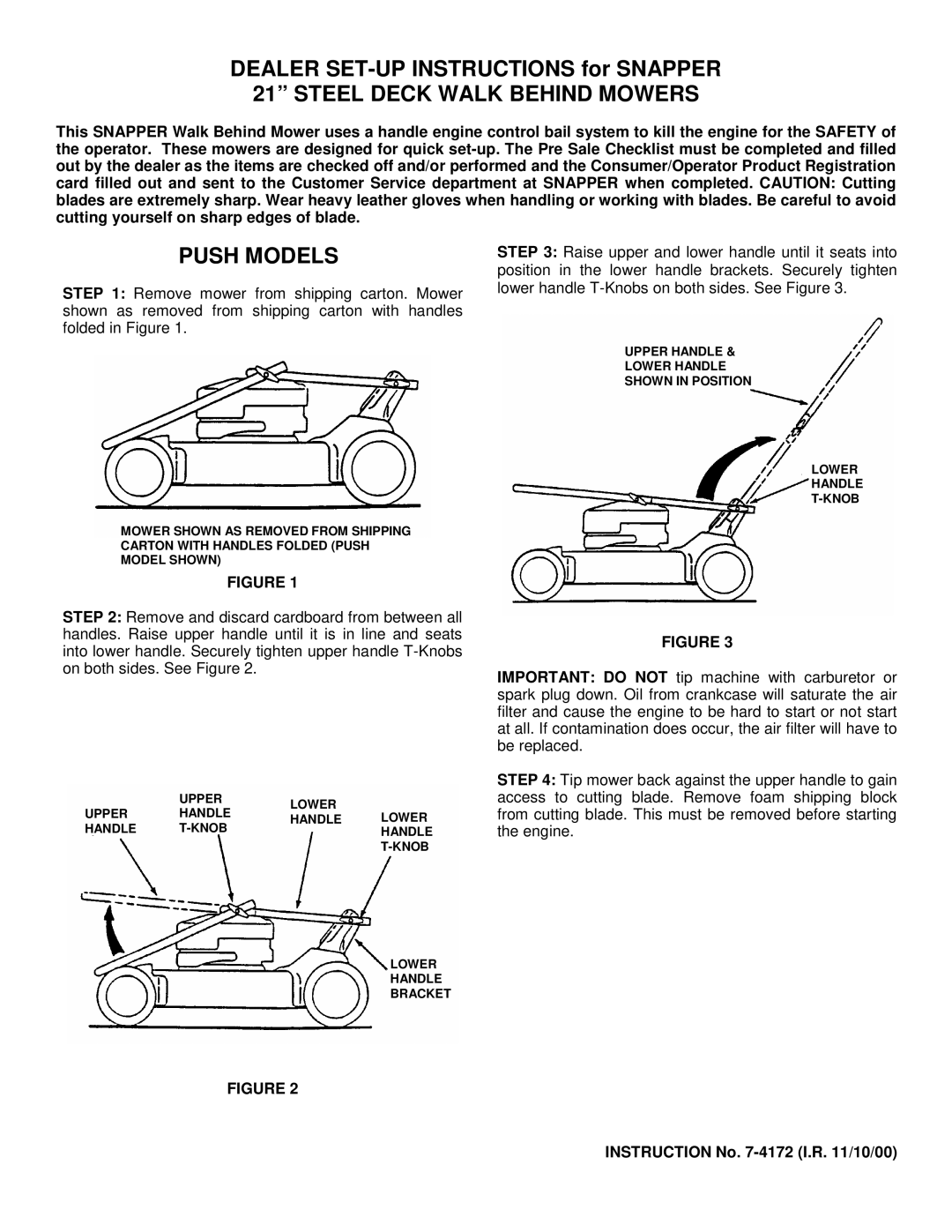 Snapper 7-4172 manual Steel Deck Walk Behind Mowers, Push Models, Instruction No -4172 I.R /10/00 