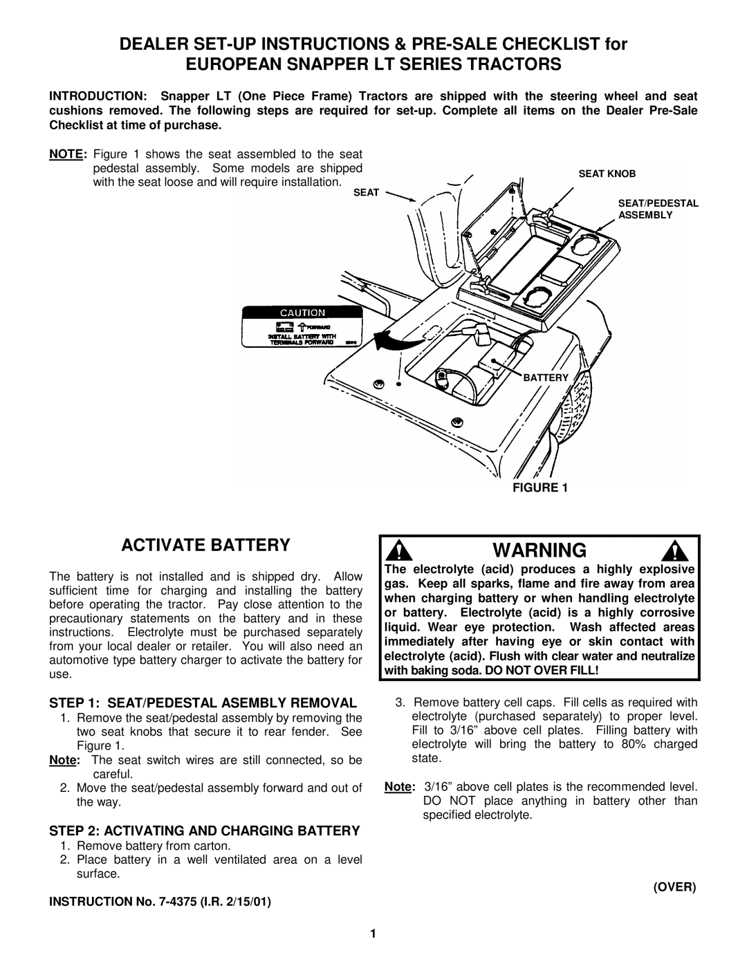 Snapper 7-4375 manual European Snapper LT Series Tractors, Activate Battery, SEAT/PEDESTAL Asembly Removal 