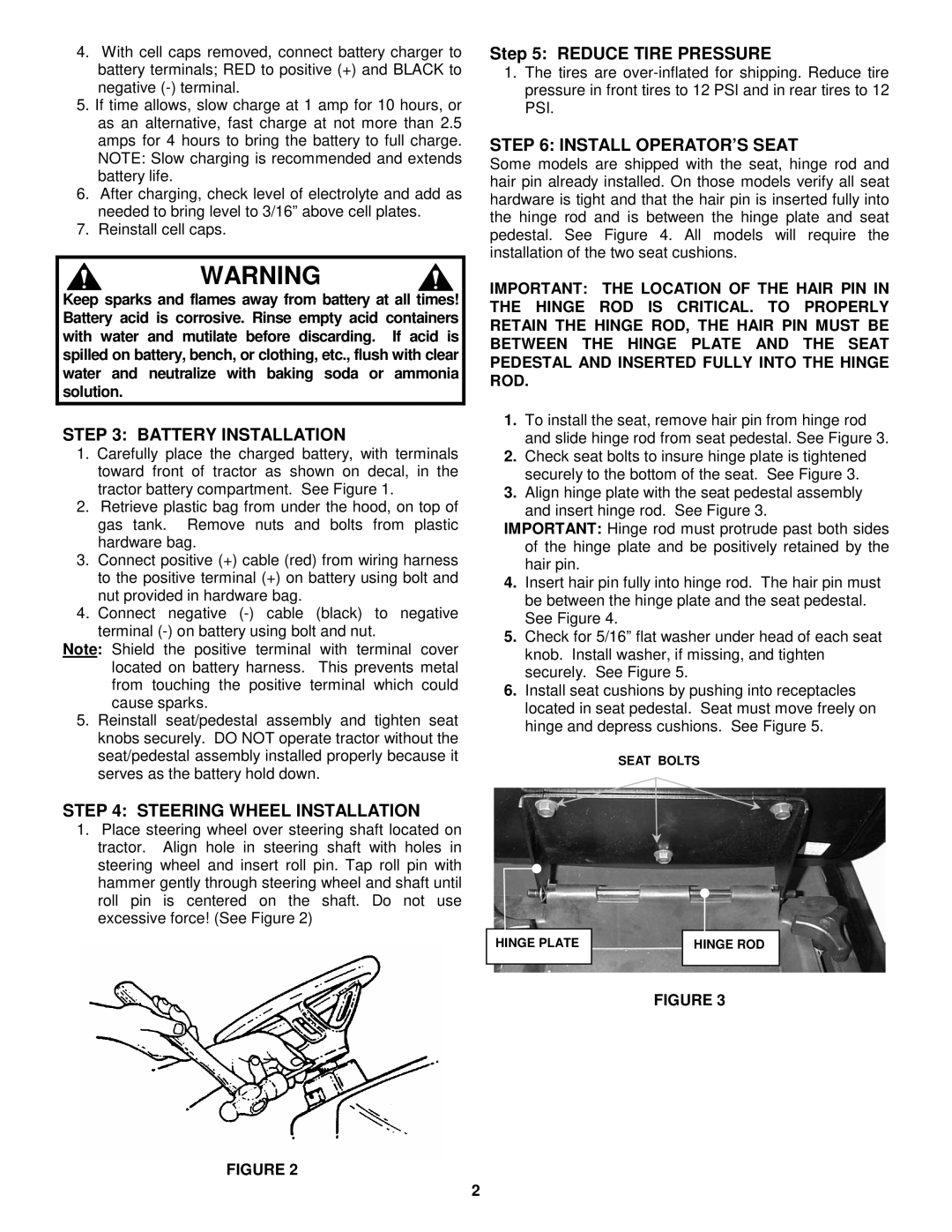 Snapper 7-4375 manual Battery Installation, Steering Wheel Installation, Reduce Tire Pressure, Install OPERATOR’S Seat 