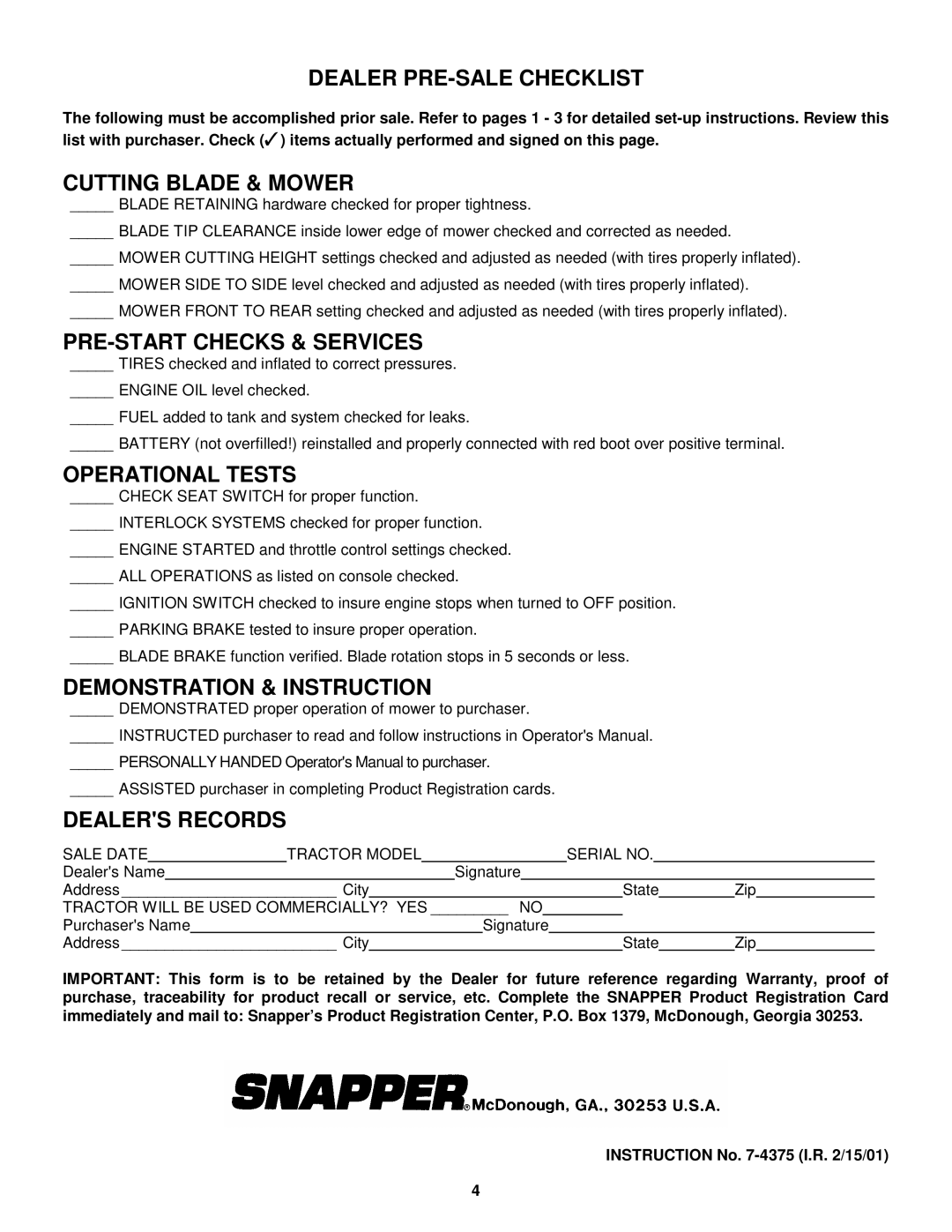 Snapper 7-4375 manual Dealer PRE-SALE Checklist, Cutting Blade & Mower, PRE-START Checks & Services, Operational Tests 