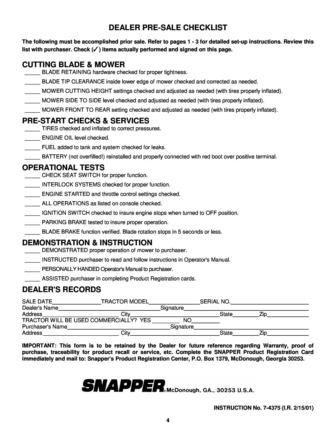 Snapper 7-4375 manual Dealer Pre-Salechecklist, Cutting Blade & Mower, Pre-Startchecks & Services, Operational Tests 