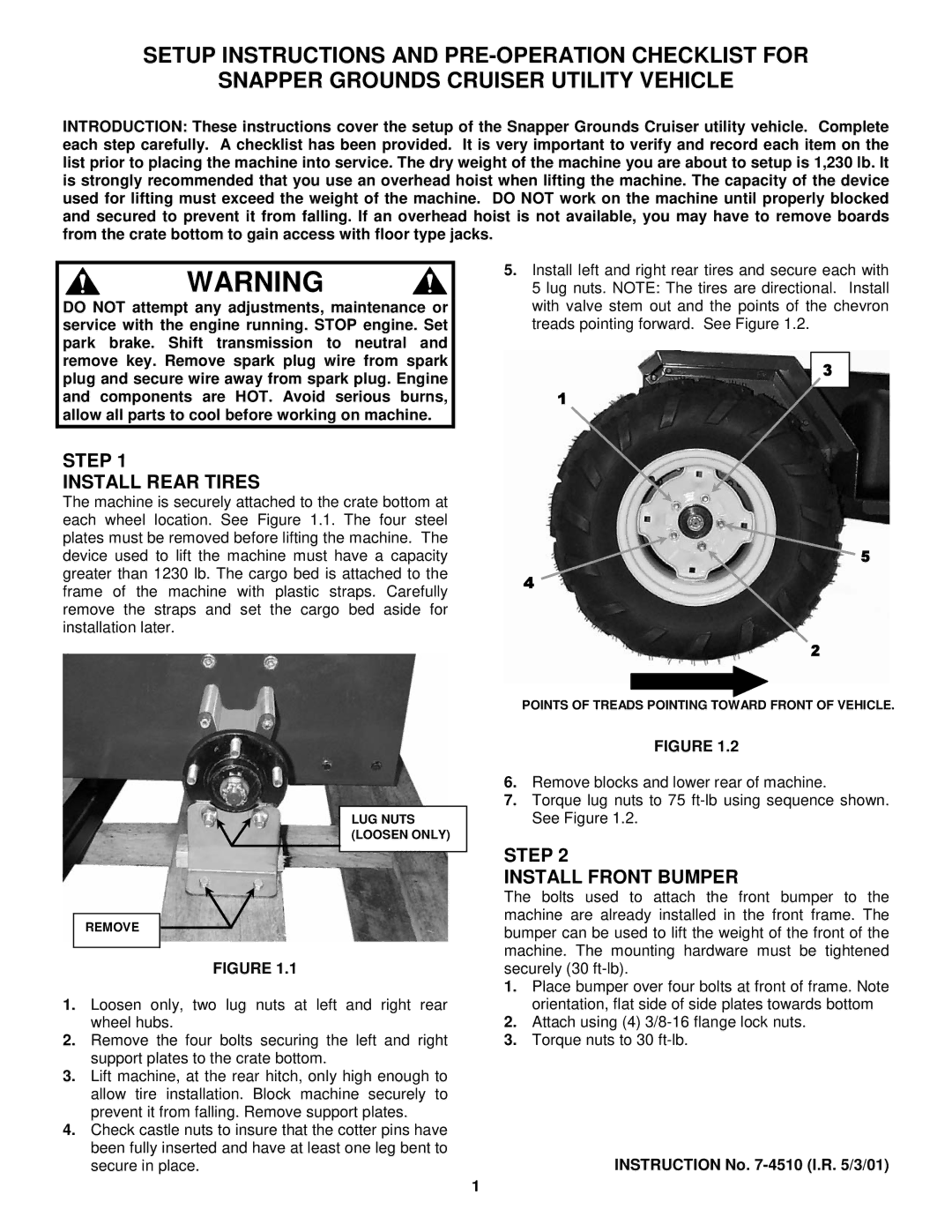 Snapper 7-4510 manual Step Install Rear Tires, Step Install Front Bumper 