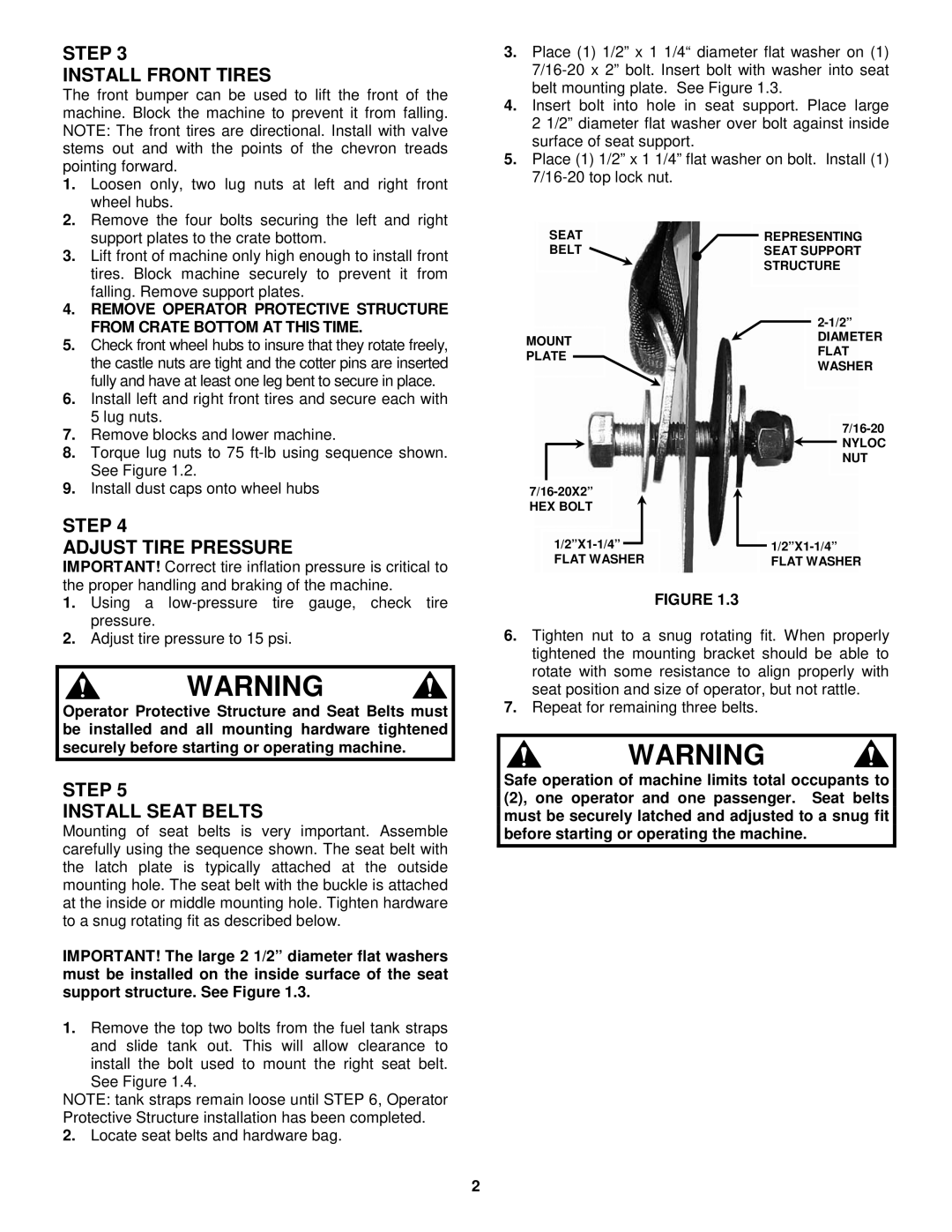 Snapper 7-4510 manual Step Install Front Tires, Step Adjust Tire Pressure, Step Install Seat Belts 