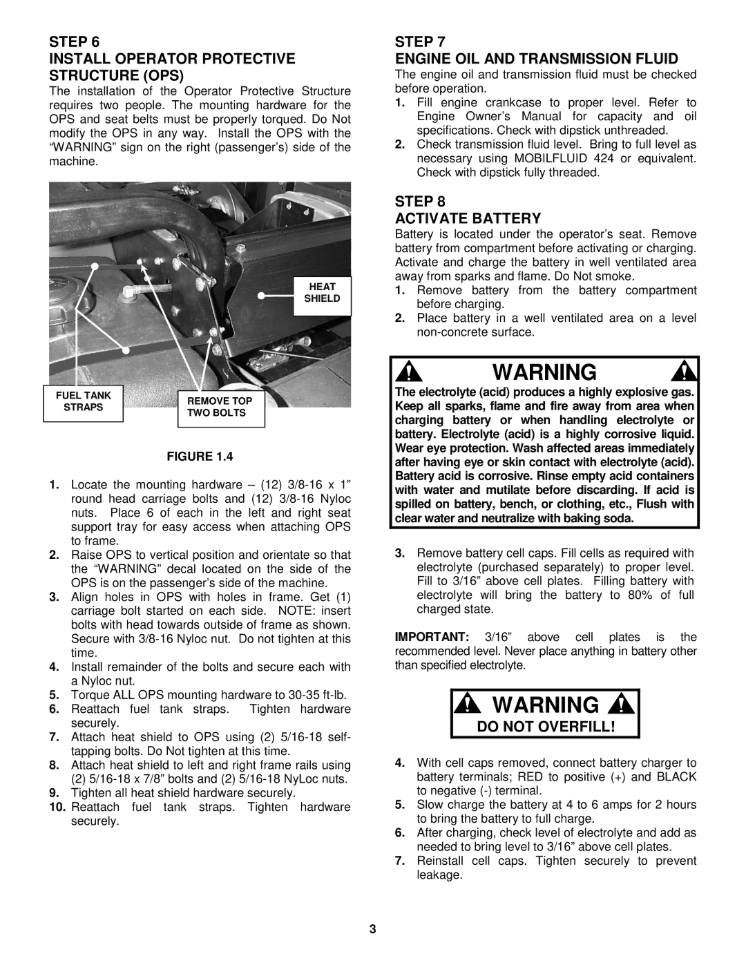 Snapper 7-4510 Step Install Operator Protective Structure OPS, Step Engine OIL and Transmission Fluid, Do not Overfill 