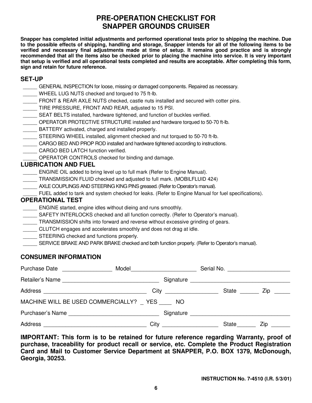 Snapper 7-4510 manual Set-Up, Lubrication and Fuel, Operational Test, Consumer Information 