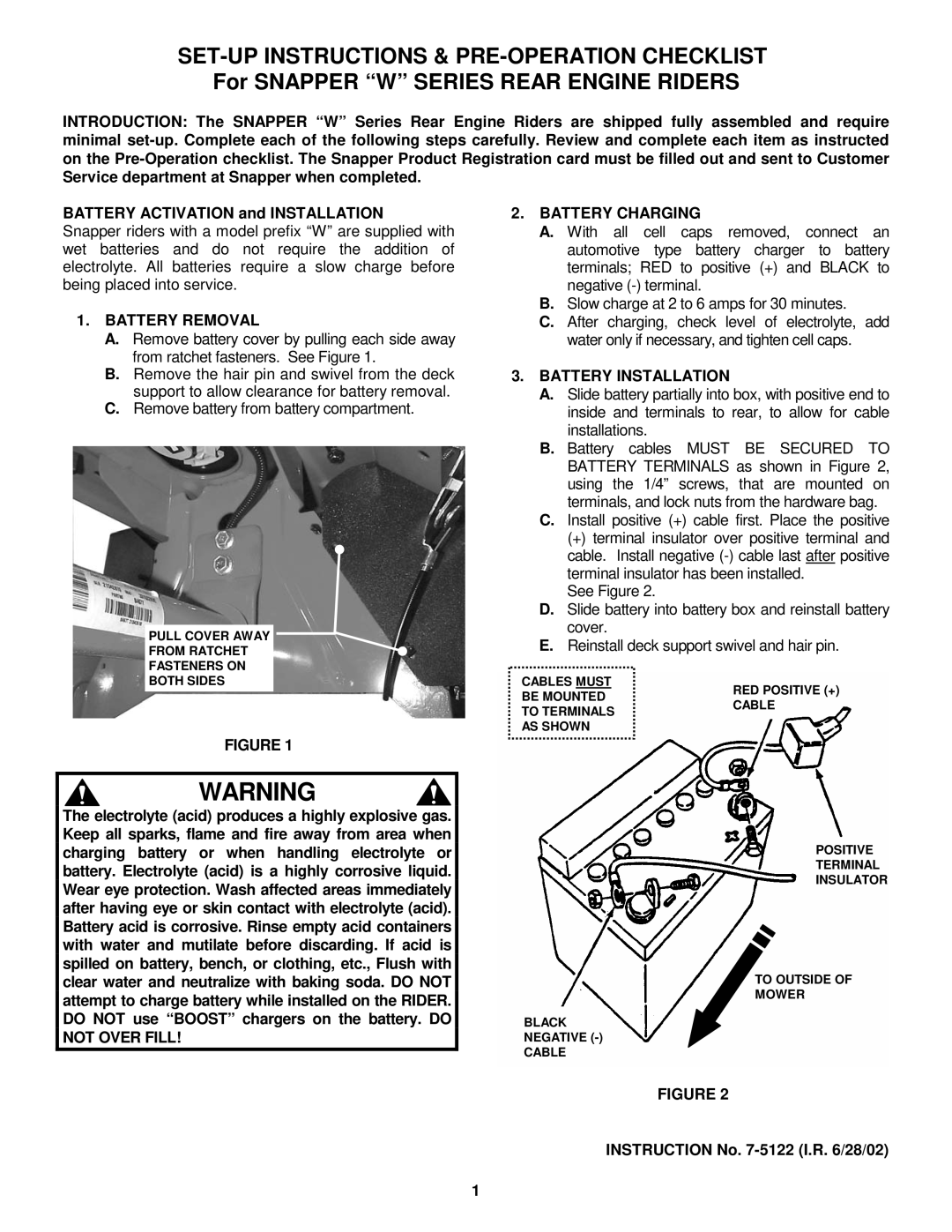 Snapper 7-5122 manual SET-UP Instructions & PRE-OPERATION Checklist, Battery Removal, Battery Charging 