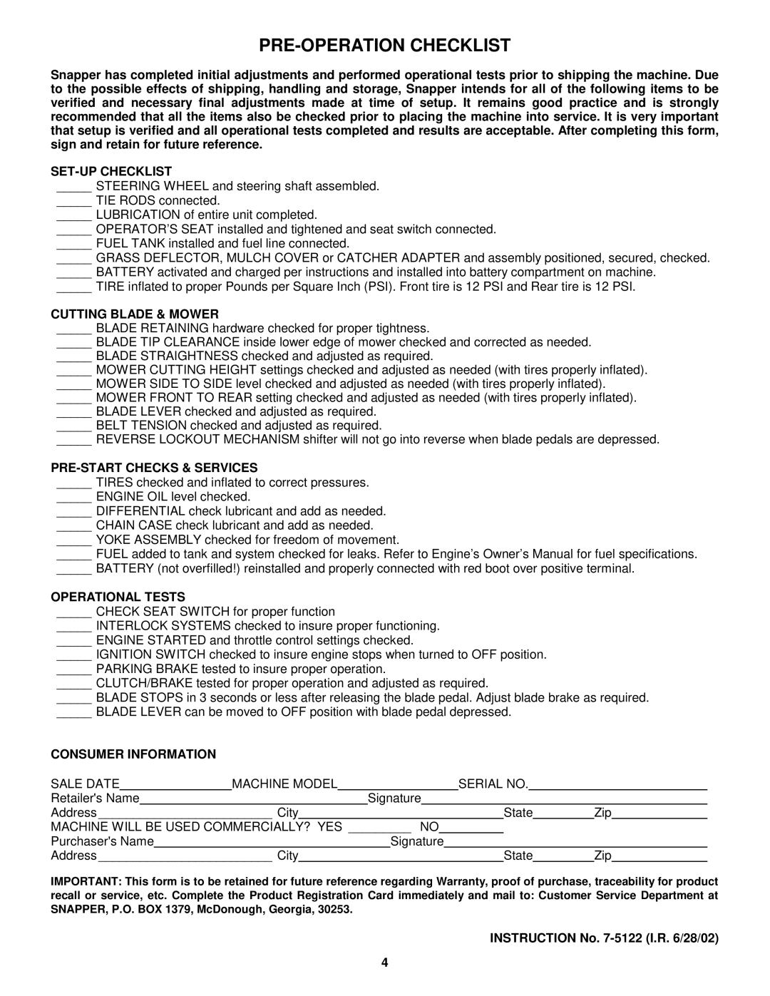 Snapper 7-5122 manual PRE-OPERATION Checklist 