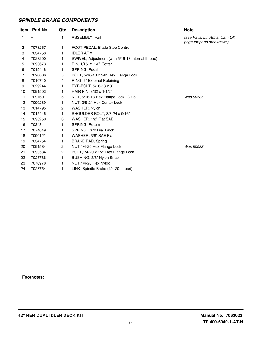 Snapper 7063023 manual See Rails, Lift Arms, Cam Lift 