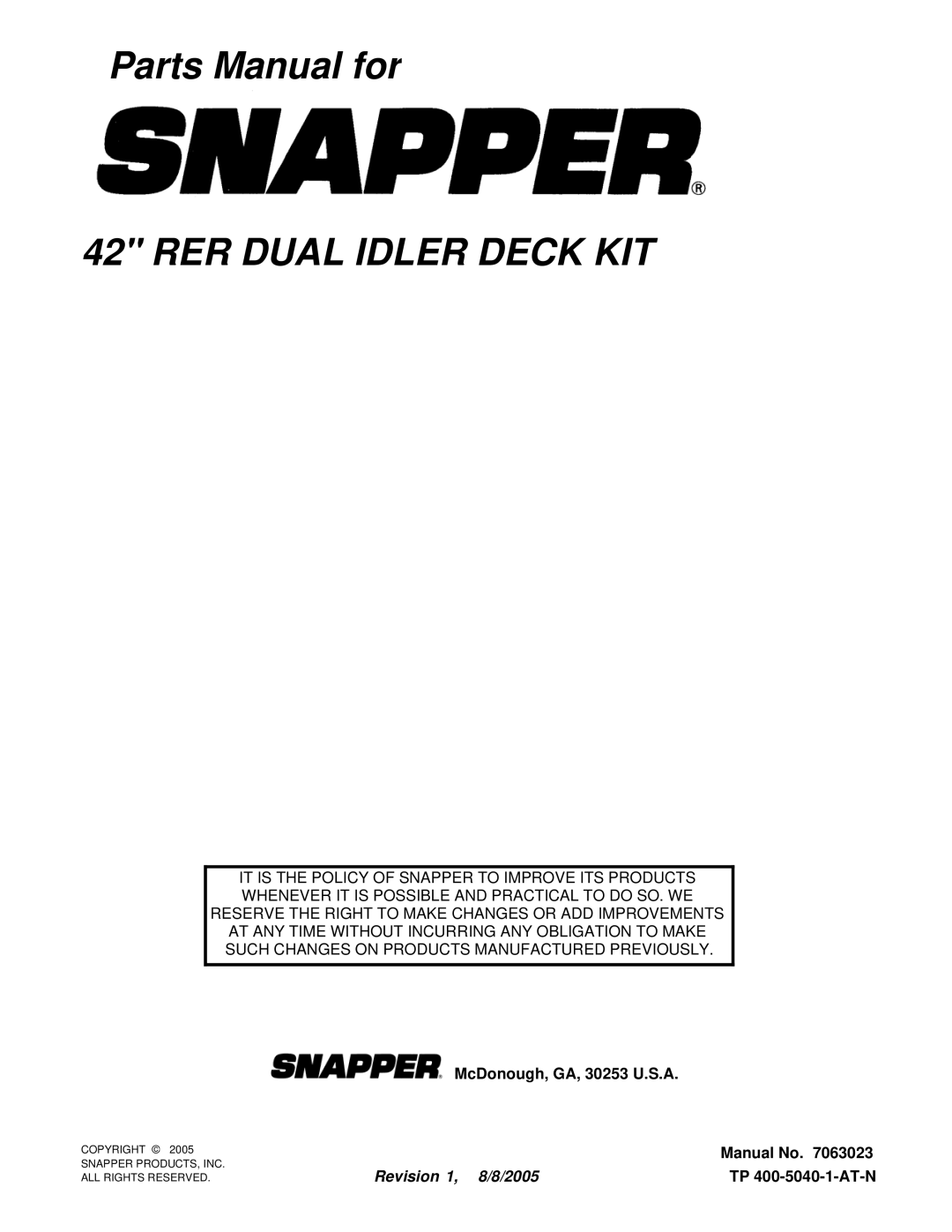 Snapper 7063023 manual RER Dual Idler Deck KIT 