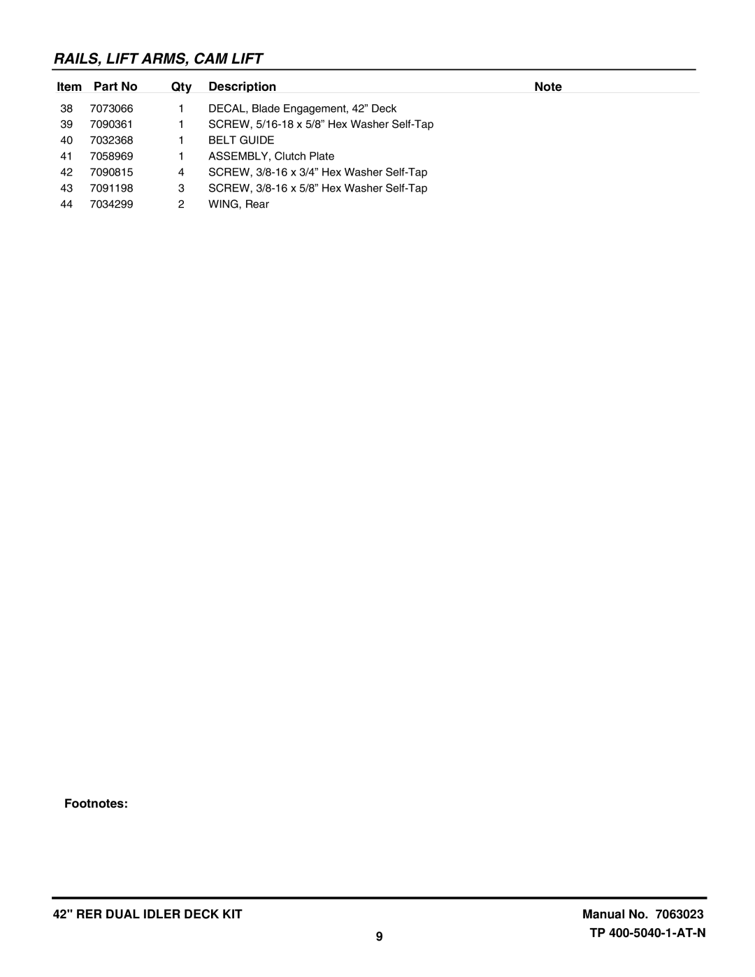 Snapper 7063023 manual RAILS, Lift ARMS, CAM Lift 