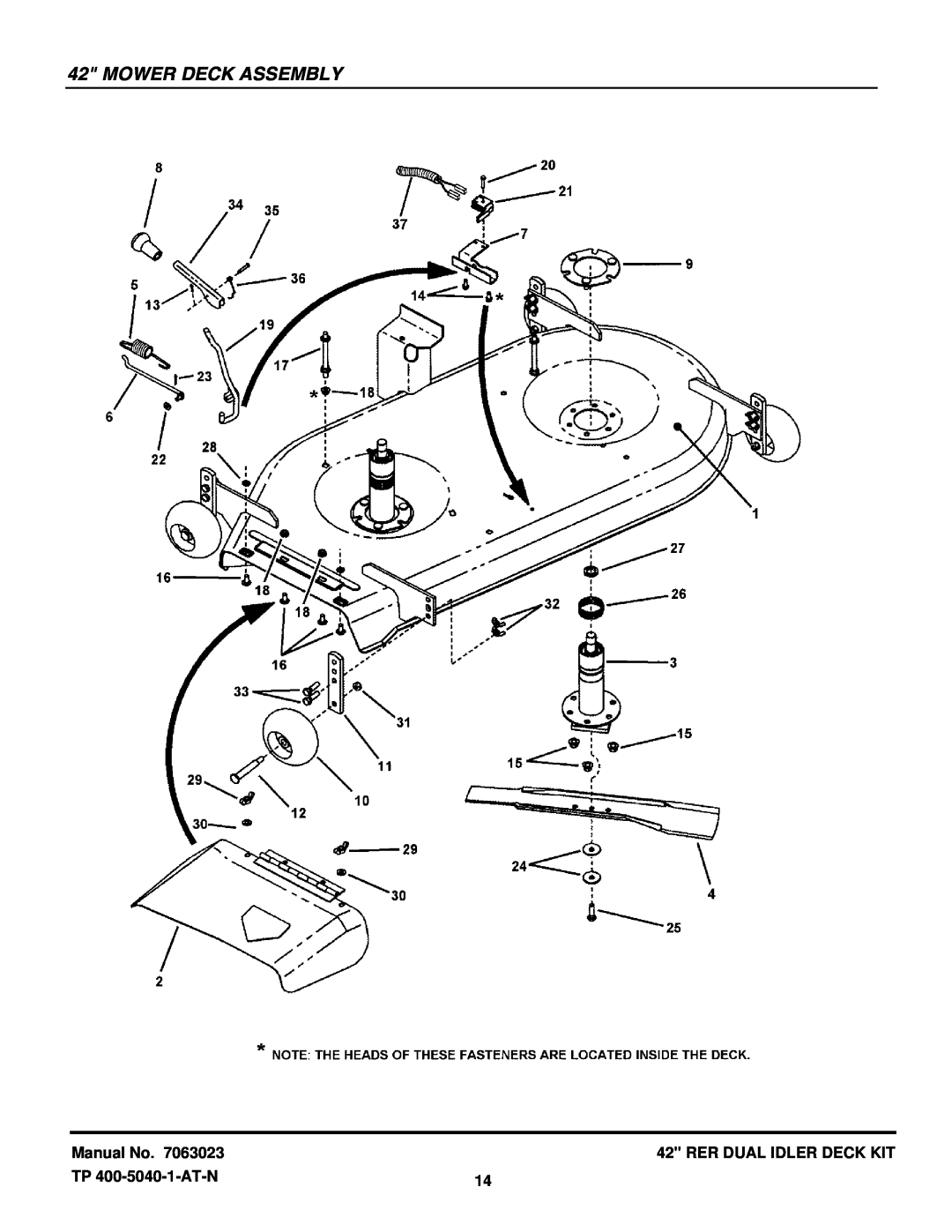 Snapper 7063023 manual Mower Deck Assembly, Manual No, Rer Dual Idler Deck Kit, TP 400-5040-1-AT-N 