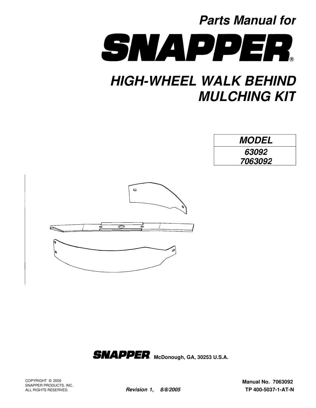 Snapper 7063092 manual HIGH-WHEEL Walk Behind Mulching KIT 