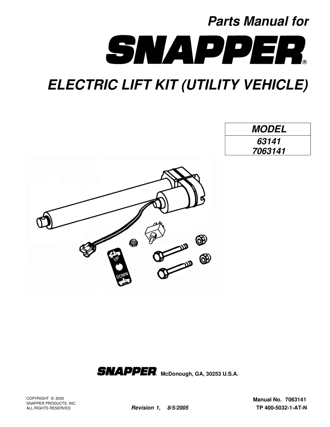 Snapper 7063141 manual Electric Lift KIT Utility Vehicle 