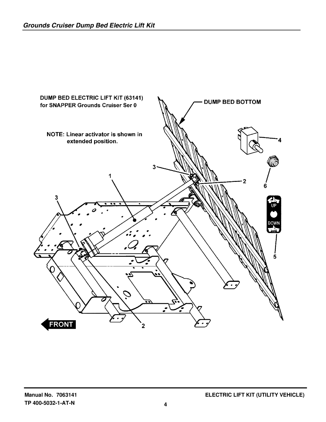 Snapper 7063141 manual Grounds Cruiser Dump Bed Electric Lift Kit 