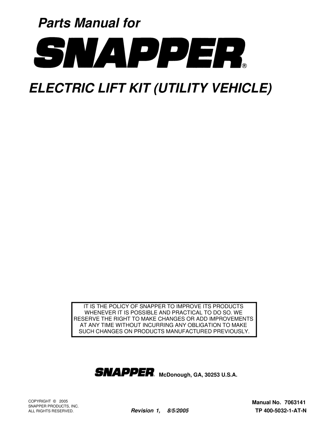 Snapper 7063141 manual Electric Lift KIT Utility Vehicle 