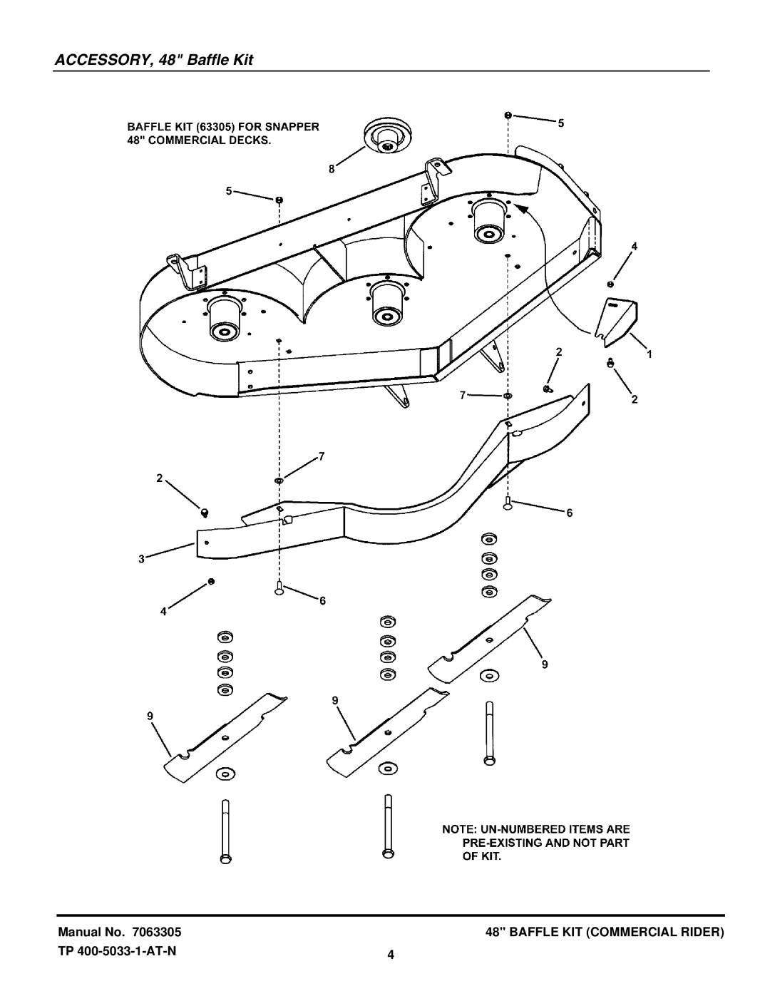 Snapper 7063305 manual ACCESSORY, 48 Baffle Kit 